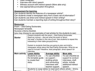 Complete Lesson - Year 5 English - Creating a Newspaper article. 