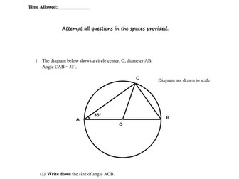 Assessment on Circle Theorems with solutions and markscheme