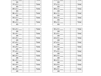 Grid multiplication of 2, 3, 4 digit numbers using multiples of 3 and 4