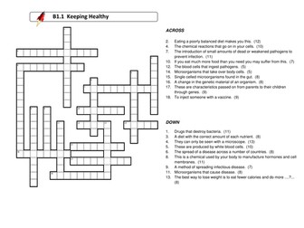 AQA GCSE Biology Crossword - Keeping Healthy