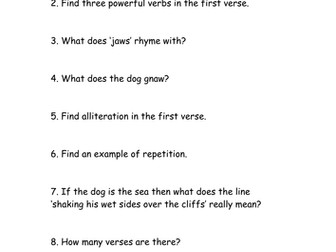 Reading comprehension questions The Sea by James Reeves  KS2/3 different abilities