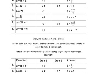 Changing the Subject of a Formula Match Up