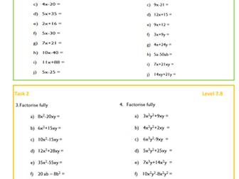 Factorising worksheet - Differentiated, levelled and with answers on slides