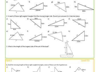Pythagoras worksheet - Differentiated, levelled and with answers on slides