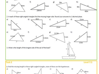 Pythagoras worksheet - Differentiated, levelled and with answers on slides