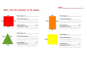 Perimeter of 2D shapes worksheets differentiated for mixed ability year 3