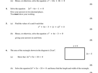 Solving Quadratic Equations - Higher GCSE - Exam Style Questions