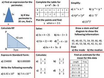 Revision Starter Tables GCSE Maths Higher Grade C & B Key Topics