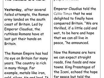 Roman invasion of Britain newspaper model recount text.
