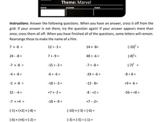 Film worksheet: negative numbers