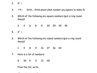 Squared and cubed numbers worksheet