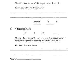Sequences and Patterns - worksheet