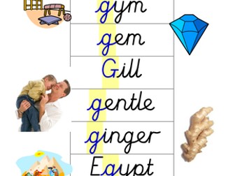 Phase 5: alternative pronunciations of 'g', - soft 'g', [as in age, giraffe, gym] - cards, ppt