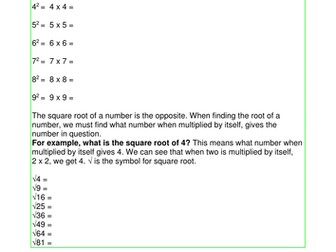 Square numbers worksheet