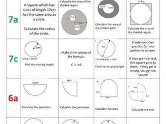 Connect 4 activity.  Circles - area, perimeter, sector area and arc length.