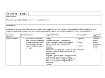 Complete SOW (with lesson activities) for GCSE Geography Tourism topic.
