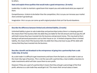 Exam Q's answered for OCR Business and Coms 