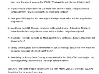 Reverse Percentages Worksheet