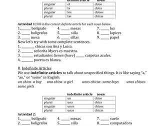 Spanish- Definite and Indefinite Articles Worksheet