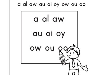 Other vowel sounds: a al aw au oi oy ow ou oo (25 pages)