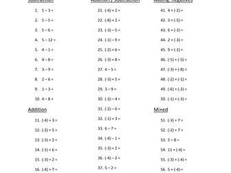 Negative Numbers Worksheets