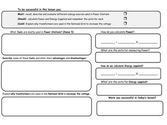 Fuel for Power stations and Calculating Power Worksheet