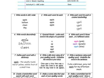 Spelling Activities Chart