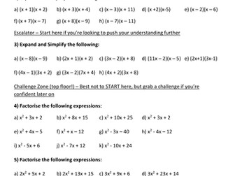 Expanding Expansion and Factorisation of Quadratics differentiated worksheet + ANSWERS