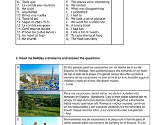 GCSE Y10 Vacaciones en el pasado reading worksheet (past tense)
