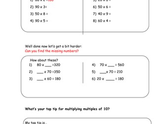 multiplying multiples of 10 and 100 worksheets