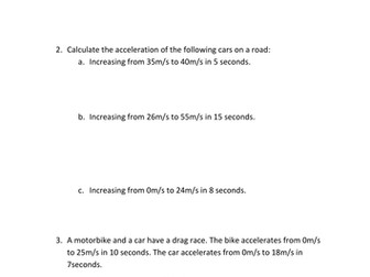 Velocity and Acceleration worksheets