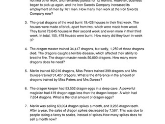 Addition and Subtraction Word Problems Year 6 (Dragon Theme)