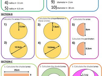 Area and circumference of circles, semicircles and compound shapes - REVISION SHEET