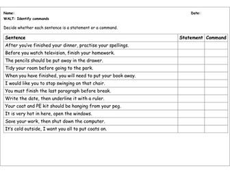 SPaG Worksheet: Identify Commands / Convert Statements and Questions to Commands 