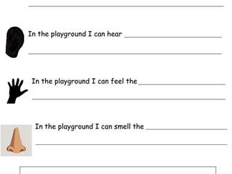 Children write sentences about their senses in the playground. I can see, hear, touch,...