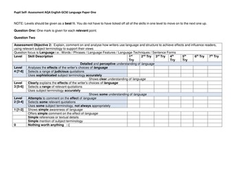 Pupil Self Assessment Grid AQA GCSE English Language Paper One (new Spec)