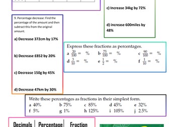 Fractions, decimals and percentages worksheet.