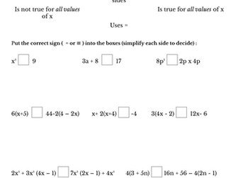 Equation vs Identity worksheet