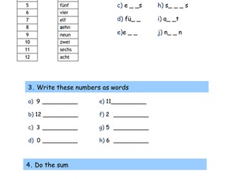 German numbers worksheets