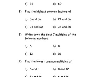 Factors, Multiples, HCF, LCM, Primes and Squares Homework