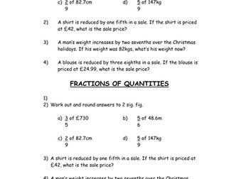 Fractions of Quantities with a Calculator Homework