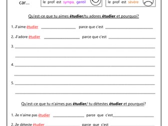 FRENCH - School Subjects and Opinions - Worksheets