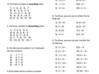 Negative Numbers Worksheet