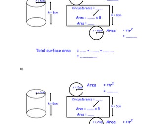 Simple Surface Area of a Cylinder - Progressive + ANSWERS