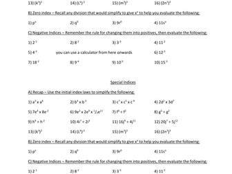 Basic Zero and Negative Indices Worksheet + Answers
