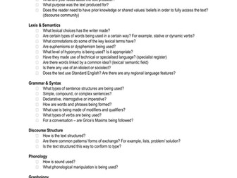 Checklist for analysing texts at A level for English Language