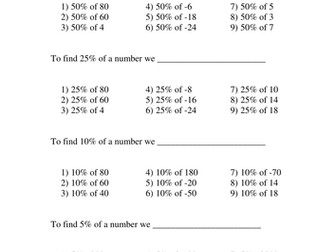 Basic Percentages Treasure Hunt Style Worksheet