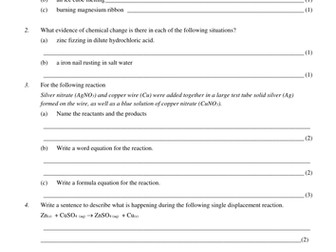 Chemical Reactions Test and Assignment
