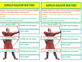 Rounding and subtracting Anglo-Saxon themed maths worksheets Year 5 KS2