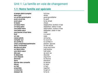 A-level French: Vocabulary list for 'The Family' topic 
